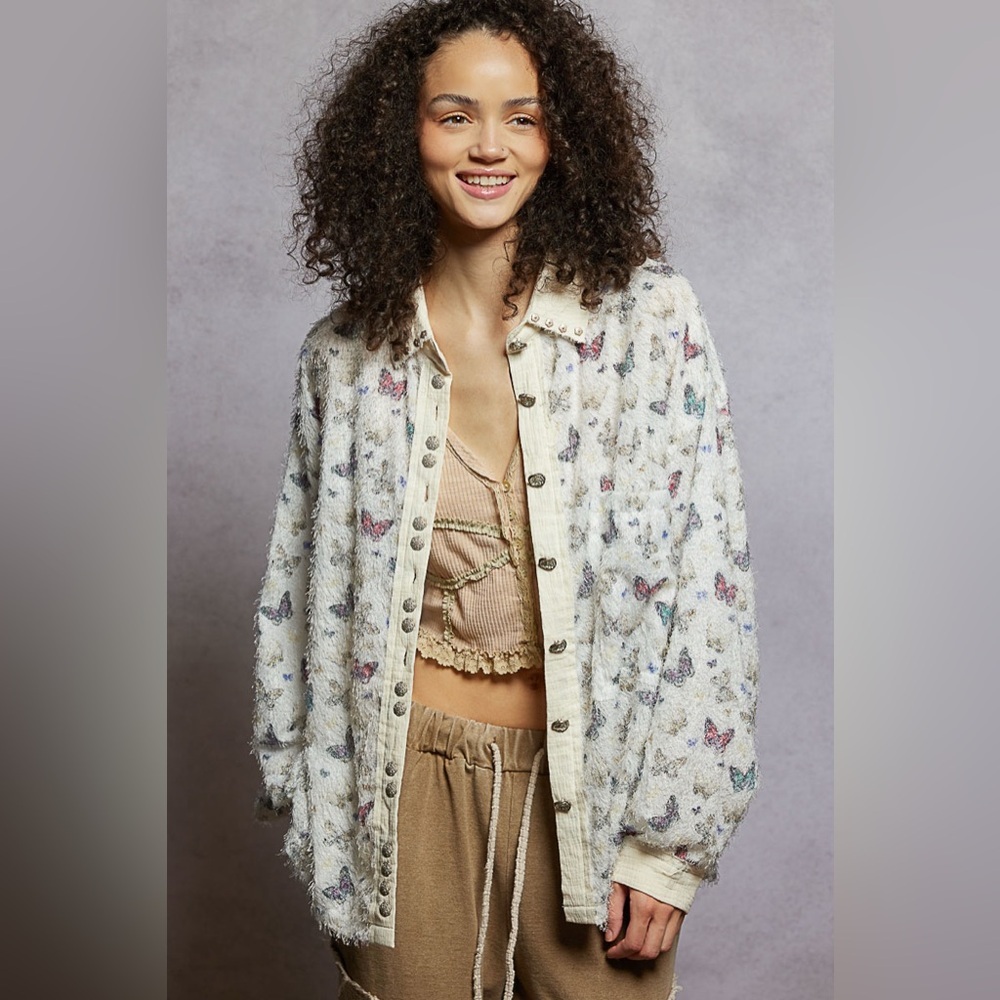 POL Butterfly Pattern Contrast Placket Textured W… - image 1